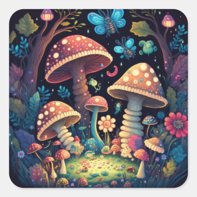 Lovely cute elves play under mushrooms     square sticker (Front)