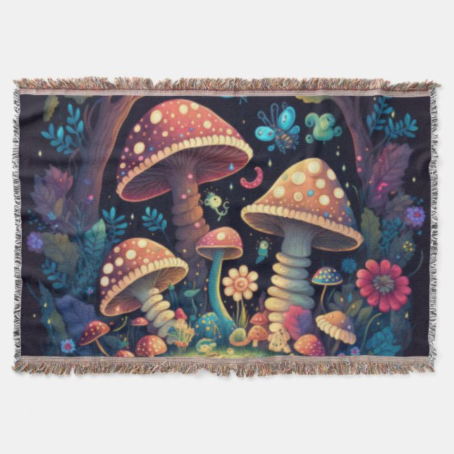 Lovely cute elves play under mushrooms    throw blanket (Front)