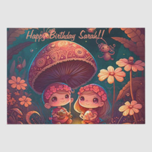 Lovely cute elves play under mushrooms tissue paper