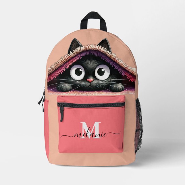 Lovely Cute Kitten Custom Monogram Script Name Printed Backpack (Front)