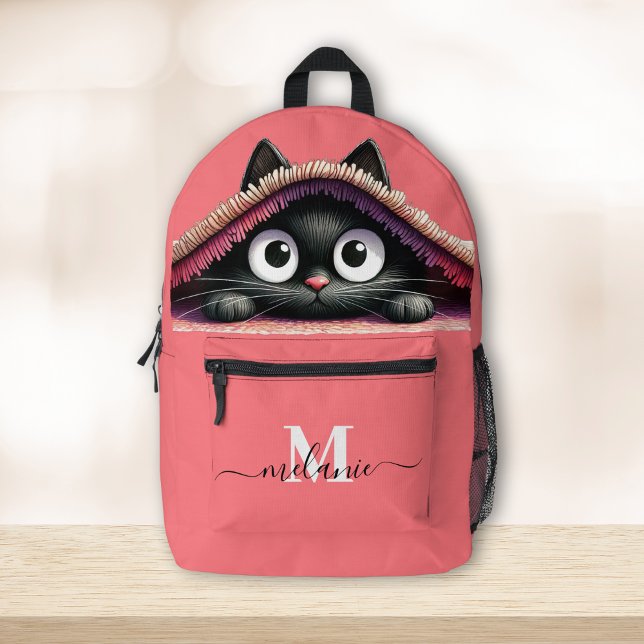 Lovely Cute Kitten Custom Monogram Script Name Printed Backpack (Lovely Cute Kitten Custom Monogram Script Name Printed Backpack on a wooden table.)