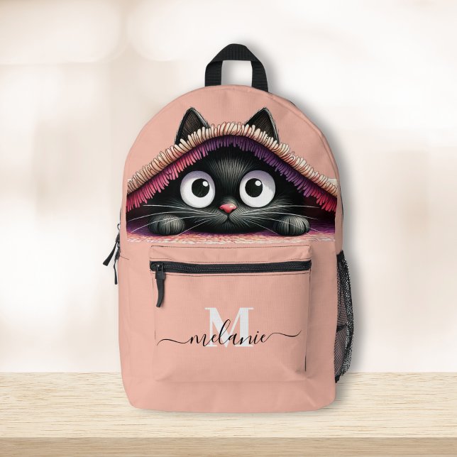 Lovely Cute Kitten Custom Monogram Script Name Printed Backpack (Lovely Cute Kitten Custom Monogram Script Name Printed Backpack on a wooden table.)
