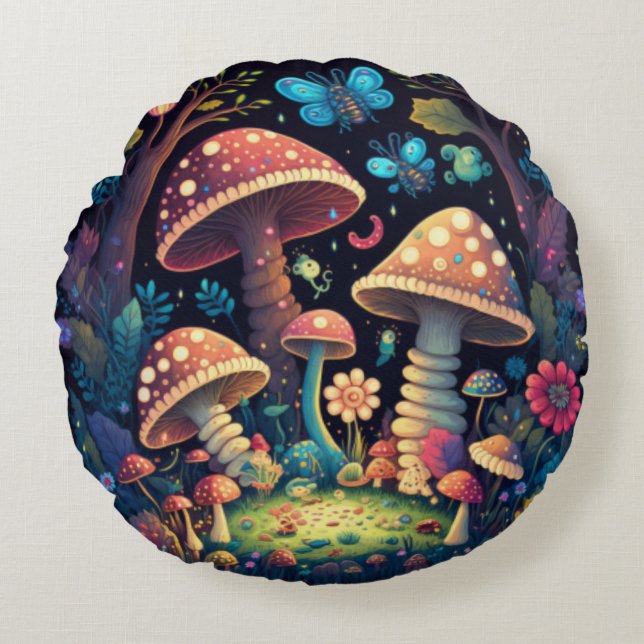 Lovely cute magic mushrooms   round cushion (Front)