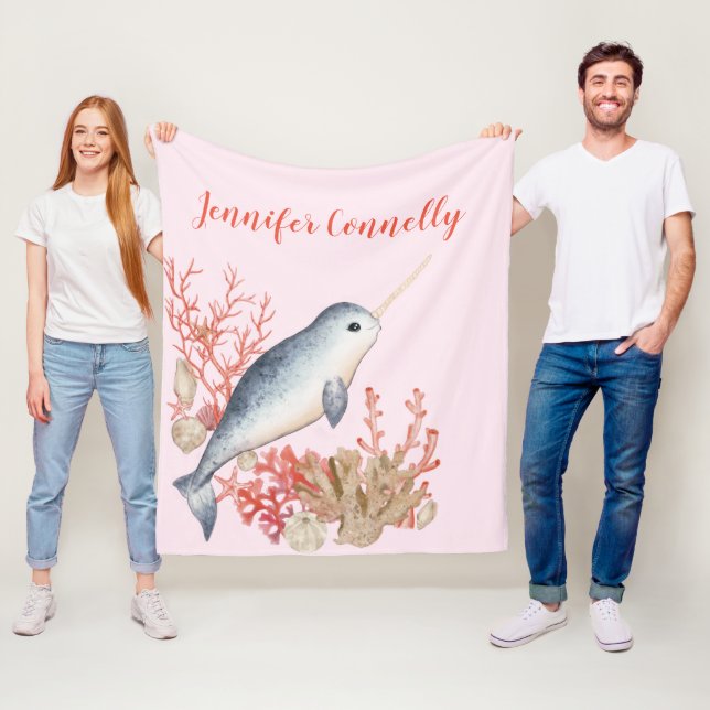 Lovely cute ocean baby Narwhal & seashells Fleece Blanket (In Situ)