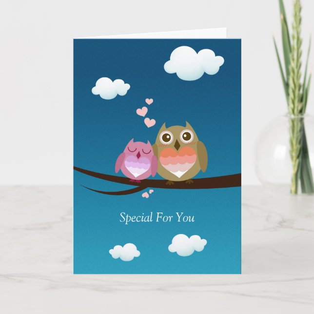 Lovely Cute Owl Couple Full of Love Heart Holiday Card (Front)