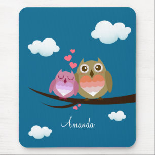 Lovely Cute Owl Couple Full of Love Heart Mouse Mat