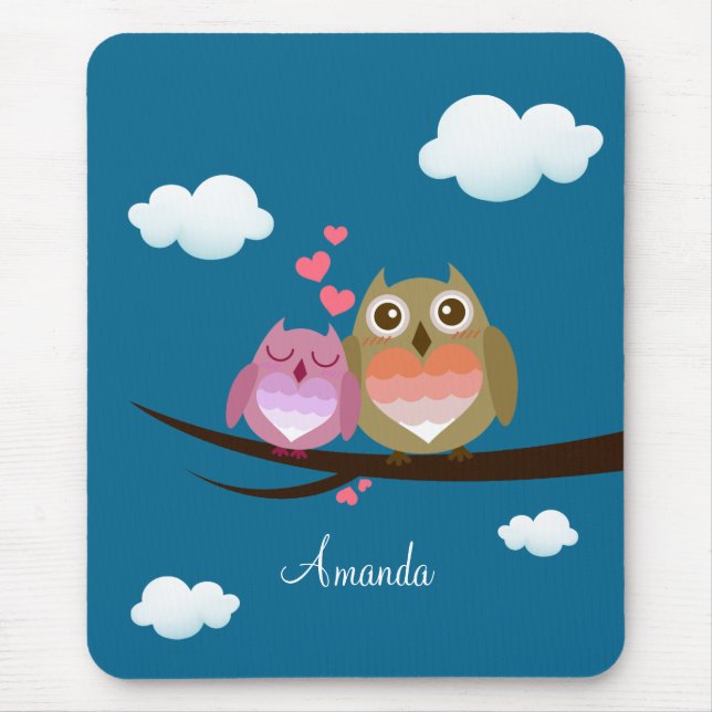 Lovely Cute Owl Couple Full of Love Heart Mouse Mat (Front)