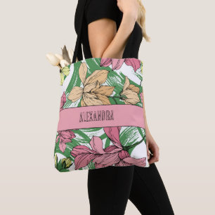 Lovely cute pink and green floral monogram tote bag