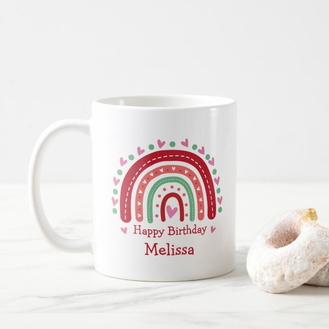 Lovely Cute Pink Red Rainbow Heart Coffee Mug (With Donut)