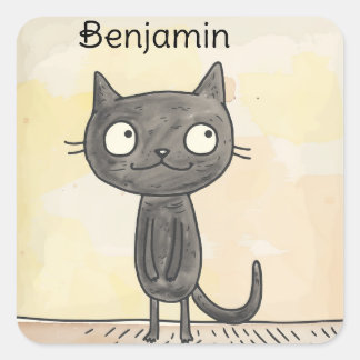 Lovely Cute Whimsical Cartoon Black Cat Square Sticker