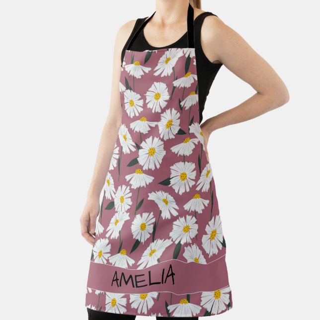 Lovely daisies personalised name on pink apron (Insitu)