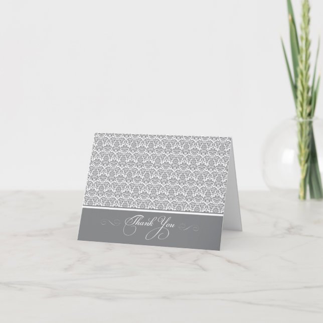 Lovely Damask Photo Thank You Card (silver/white) (Front)