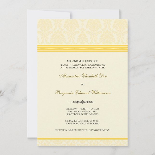Lovely Damask Wedding Invitation (lemon/cream) (Front)