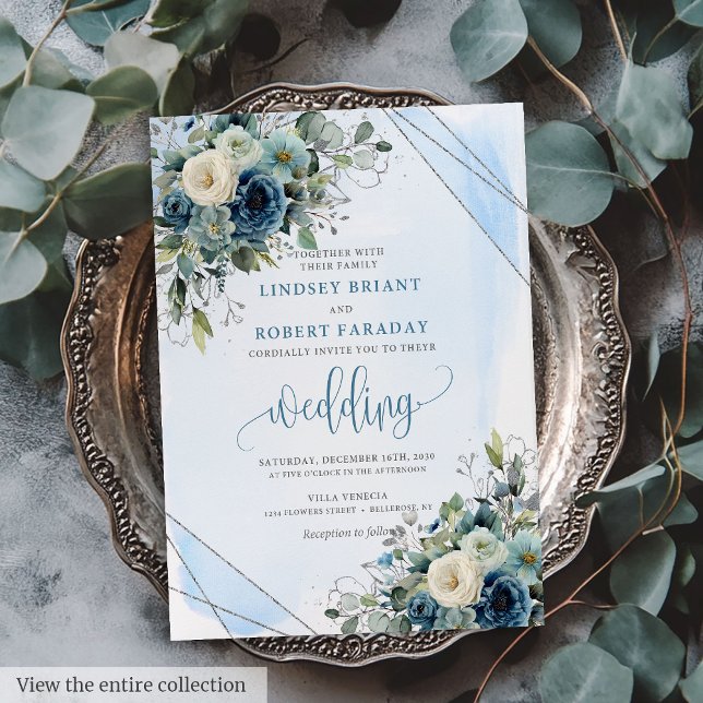 Lovely Dark Blue Silver Roses Wedding Invitation (Lovely Dark Blue Silver Roses Wedding Invitation)