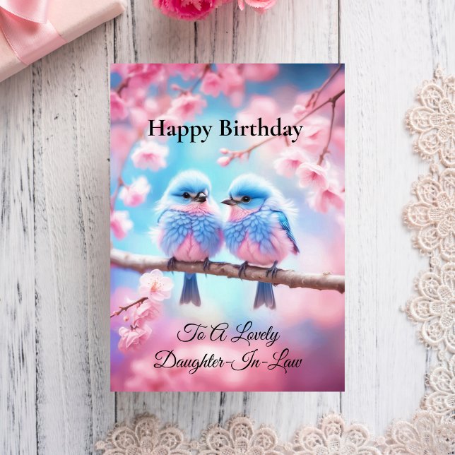Lovely Daughter-In-Law Fluffy Bluebirds Birthday Card (Cherished daughter-in-law, delight in this unique birthday card with fluffy bluebirds.)