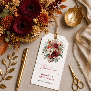 Lovely deep red floral autumn bridal shower favour gift tags