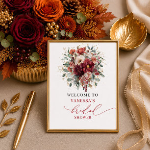 Lovely deep red floral autumn bridal shower welcom poster