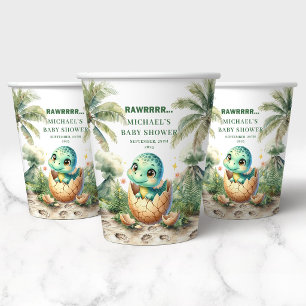 Lovely Dino Baby Shower Hatching Soon Name Paper  Cups