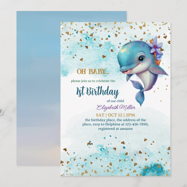 Lovely Dolphin Cute Baby Girl 1st Birthday Invitat Invitation (Front/Back)