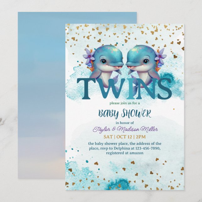 Lovely Dolphin Cute Baby Twin Boys Shower Invitation (Front/Back)