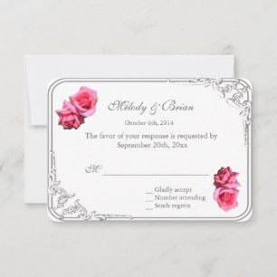 lovely double hot pink rose flowers RSVP wedding Card