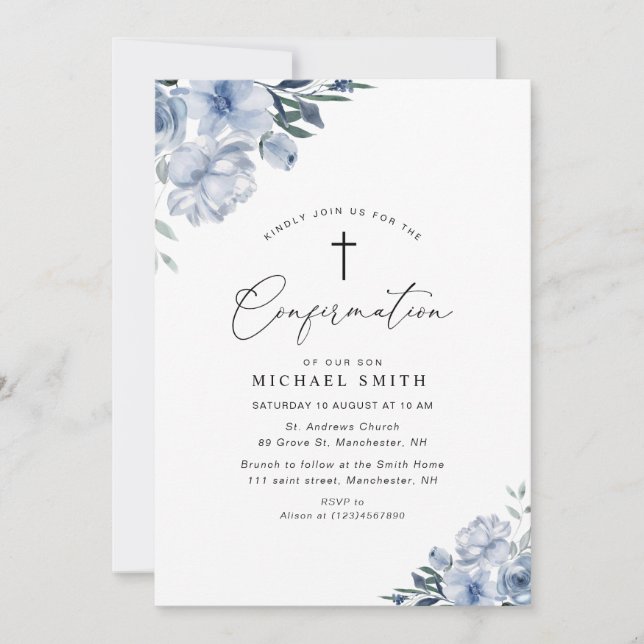 lovely dusty blue floral confirmation invitation (Front)