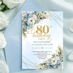 Lovely Dusty Blue Floral Gold 80th Birthday Invite