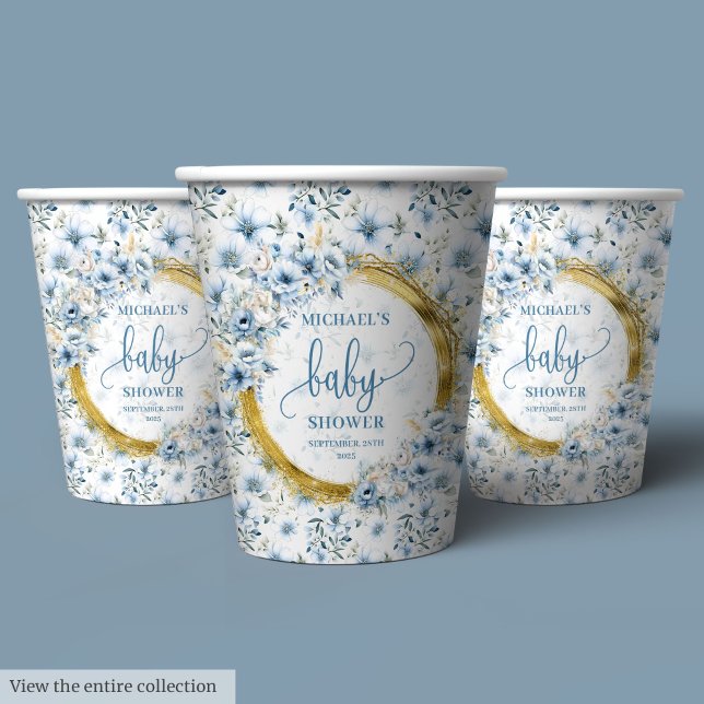 Lovely dusty blue flowers gold boho personalised  paper cups (Lovely dusty blue flowers gold boho personalized Paper Cups)