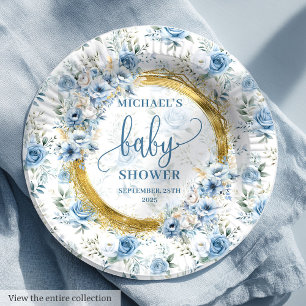 Lovely dusty blue flowers gold personalised baby paper plate