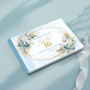 Lovely Dusty Blue Gold Eucalyptus Sweet Sixteen Guest Book