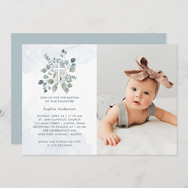 Lovely Dusty Blue Watercolor Floral Photo Baptism Invitation (Front/Back)