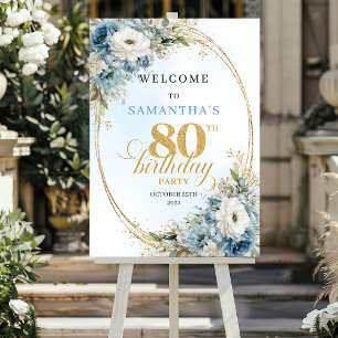Lovely dusty blue watercolor florals gold 80th poster
