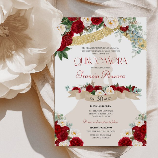 Lovely Elegant Charro Red White Gold Quinceanera  Invitation (Creator Uploaded)