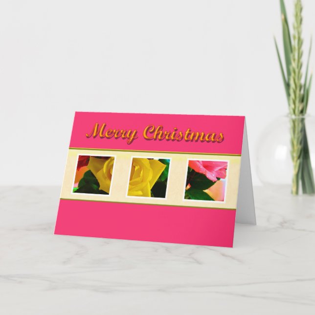 Lovely, elegant pink and yellow rose flowers pink holiday card (Front)
