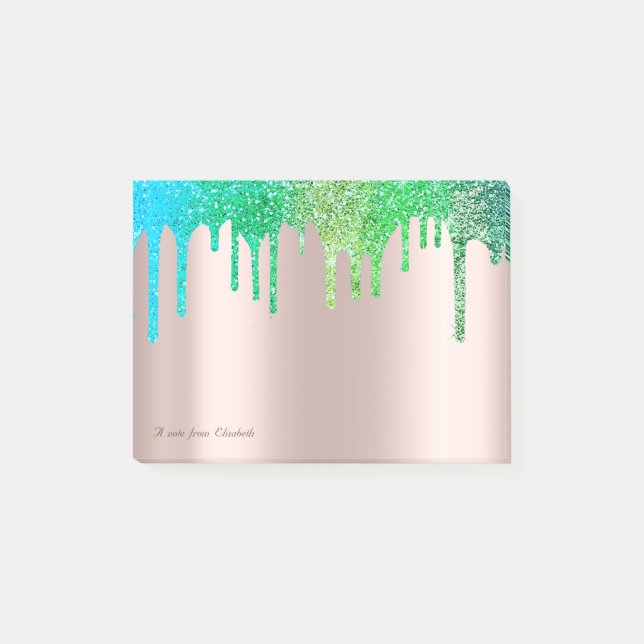 Lovely Elegant Rose Gold Green Blue Glitter Drips Post-it Notes (Front)