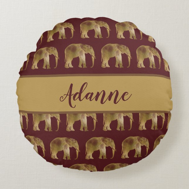 Lovely Elephants Burgundy and Gold Round Cushion (Front)