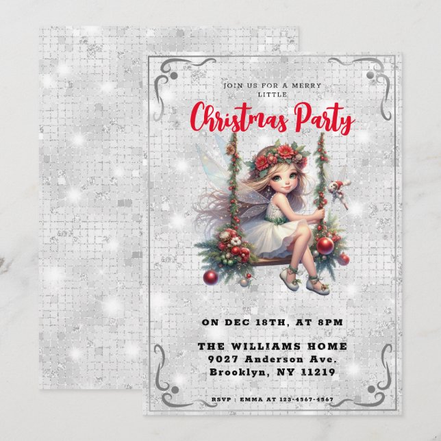 Lovely Fairy Silver White Glitter Christmas Party Invitation (Front/Back)