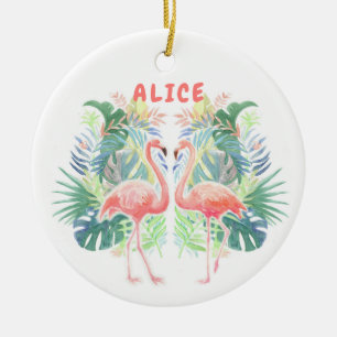 Lovely Fairy Tale For Two Flamingo Tropical Flower Ceramic Tree Decoration