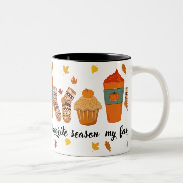 lovely fall motife with socks, muffin and latte Two-Tone coffee mug (Right)