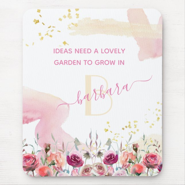 Lovely Feminine Floral Garden Monogram Name    Mouse Mat (Front)