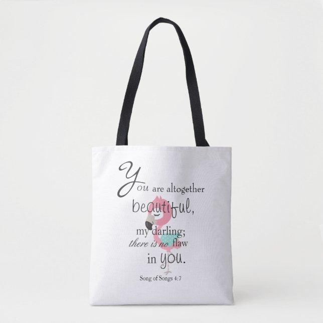 Lovely Flamingo Bible Verse Pink and White Tote Bag (Front)