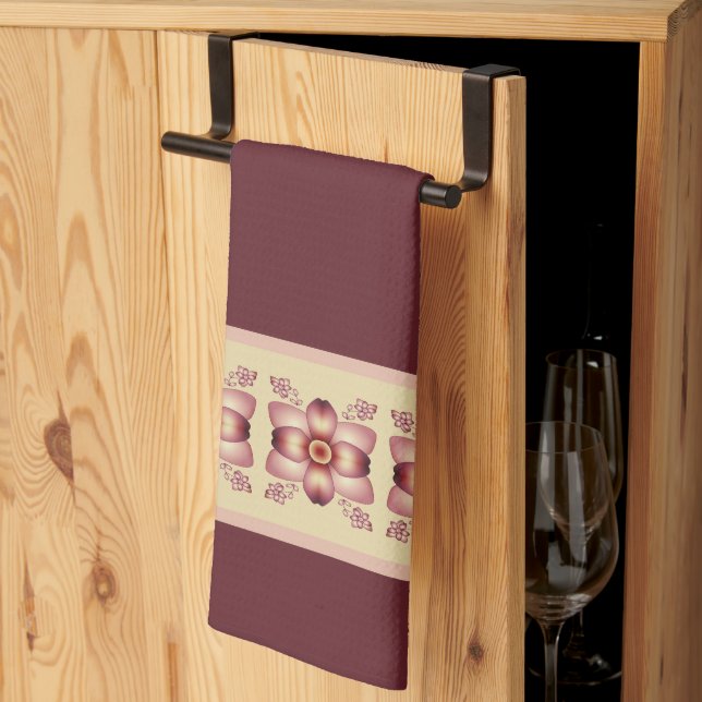 Lovely floral accented burgundy and cream tea towel (Thirds Fold)