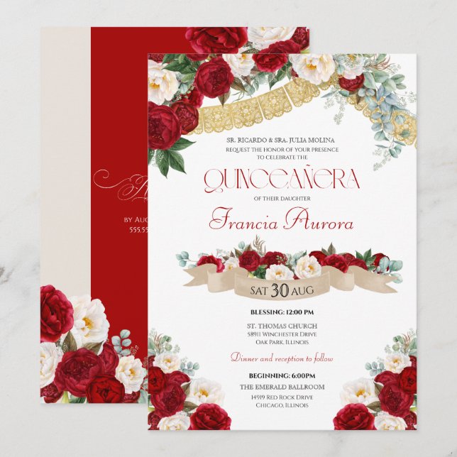 Lovely Floral Blooms Red & White Quinceanera Invitation (Front/Back)