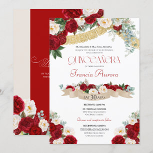 Lovely Floral Blooms Red & White Quinceanera Invitation