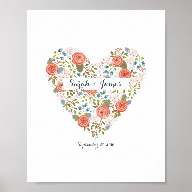 Lovely Floral Dream Heart Personalized Wedding Art Poster (Front)