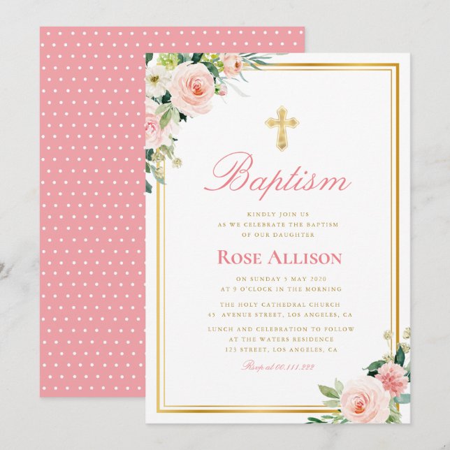 lovely floral faux gold frame baptism invitation (Front/Back)