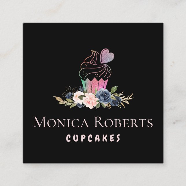 lovely floral glitter custom cakery square business card (Front)