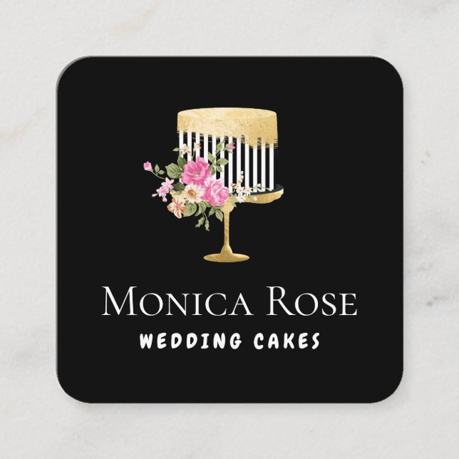 lovely floral gold and black custom cakery square business card (Front)