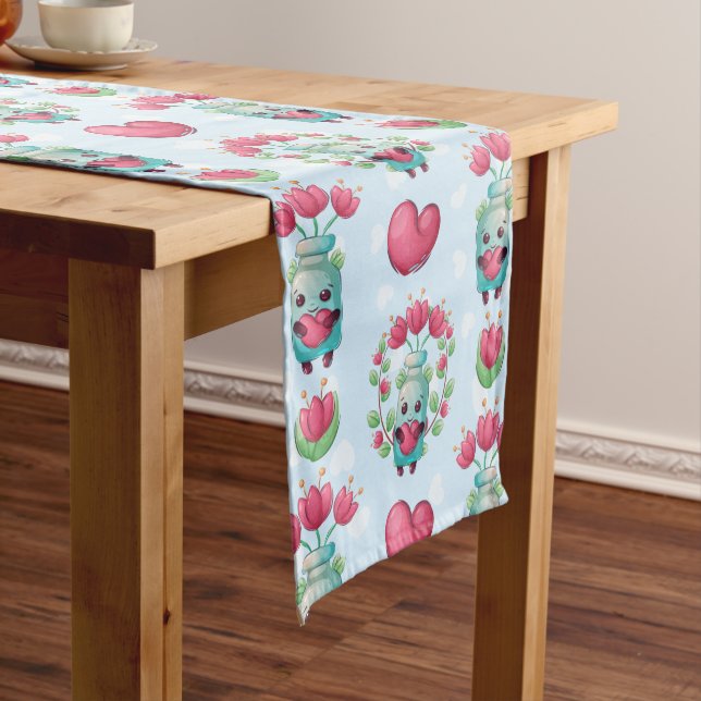 Lovely Floral Mason Jar Hearts Pattern Medium Table Runner (In Situ)