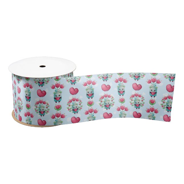 Lovely Floral Mason Jar Hearts Pattern Satin Ribbon (Spool)